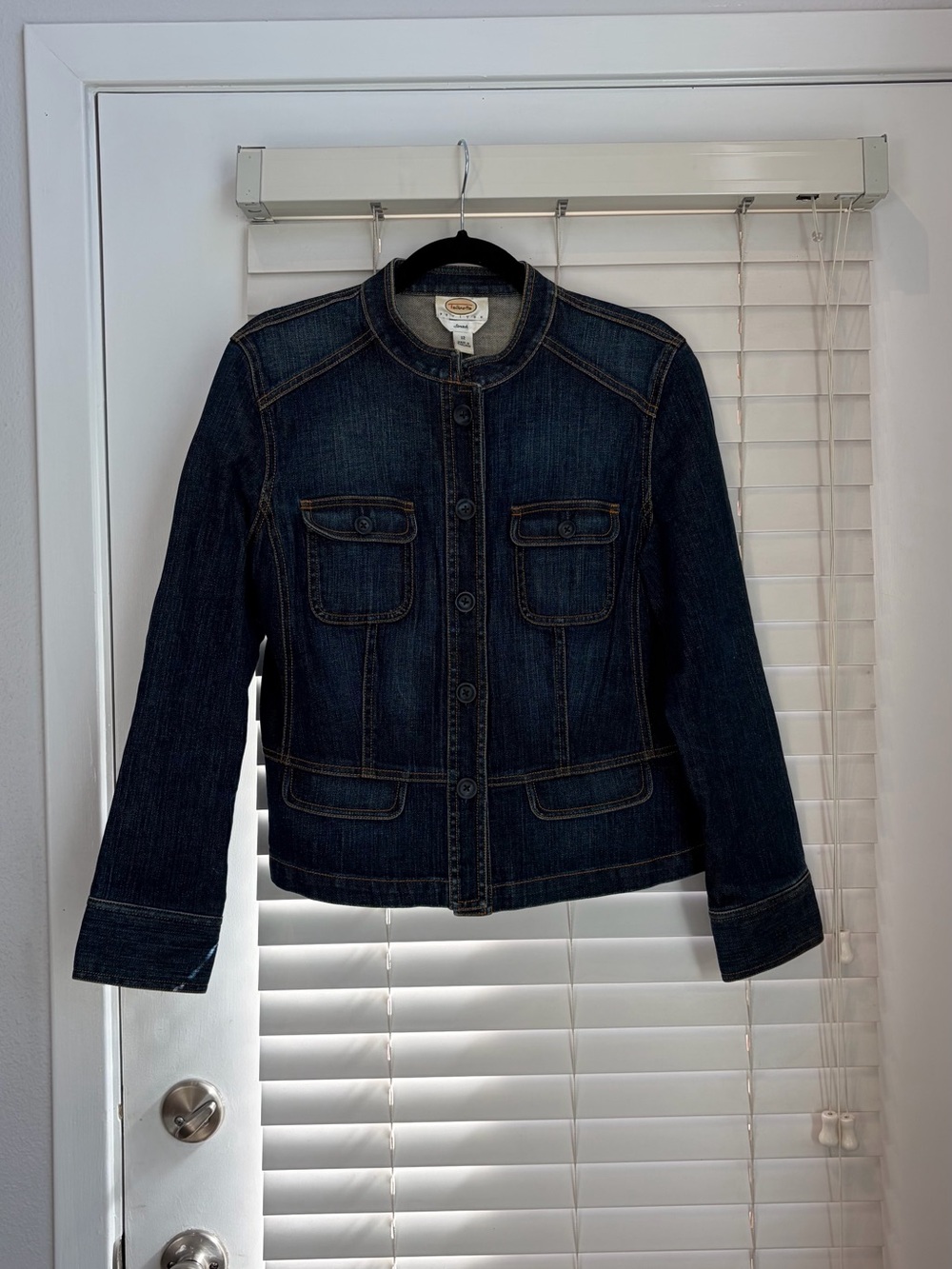 Vintage Y2K Talbots Dark Wash Collarless Denim Jacket 12P